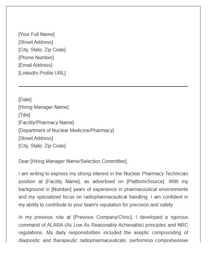 Nuclear Pharmacy Technician Professional Cover Letter Template