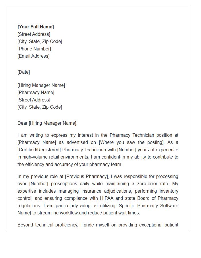 Retail Pharmacy Technician Professional Cover Letter Template