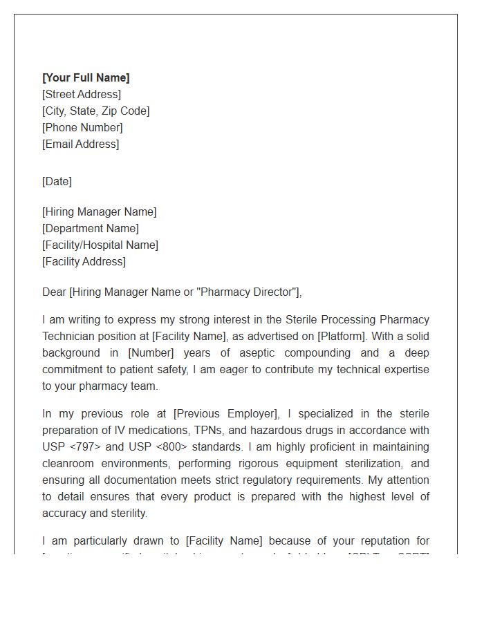 Sterile Processing Pharmacy Technician Professional Cover Letter Template