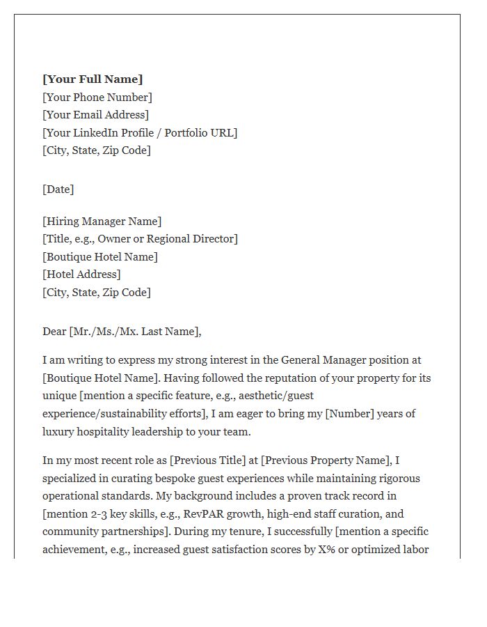 Boutique Hotel General Manager Cover Letter Template