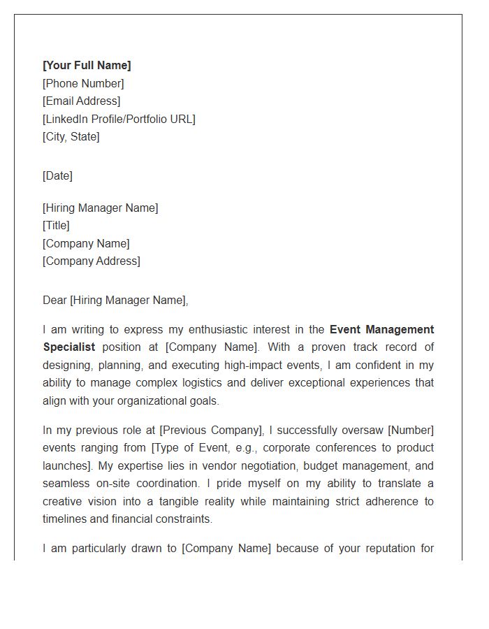 Event Management Specialist Cover Letter Template