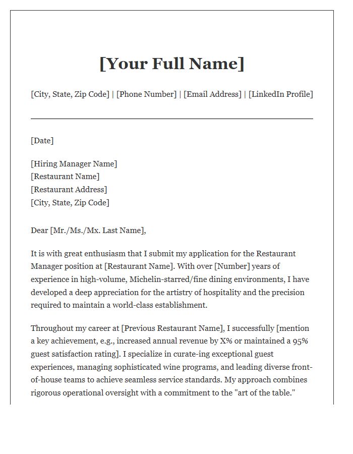 Fine Dining Restaurant Manager Cover Letter Template