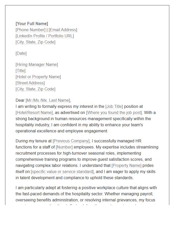 Hospitality Human Resources Manager Cover Letter Template