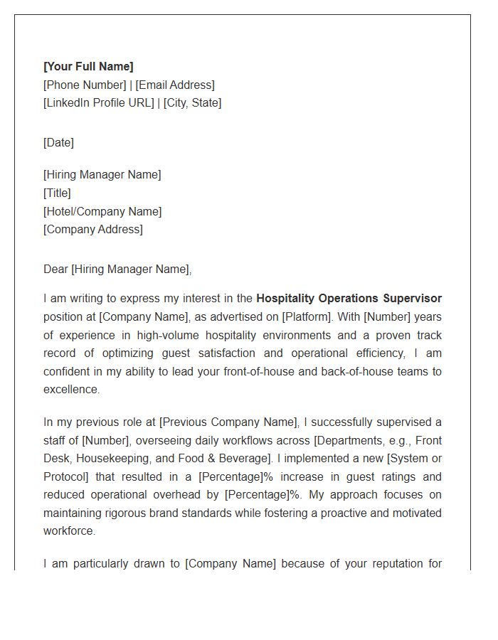 Hospitality Operations Supervisor Cover Letter Template