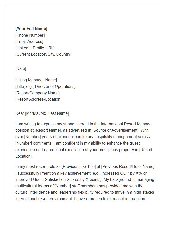 International Resort Manager Cover Letter Template