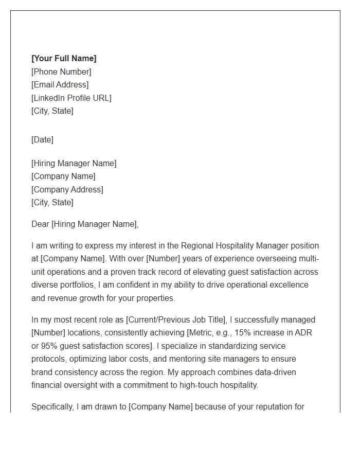 Regional Hospitality Manager Cover Letter Template