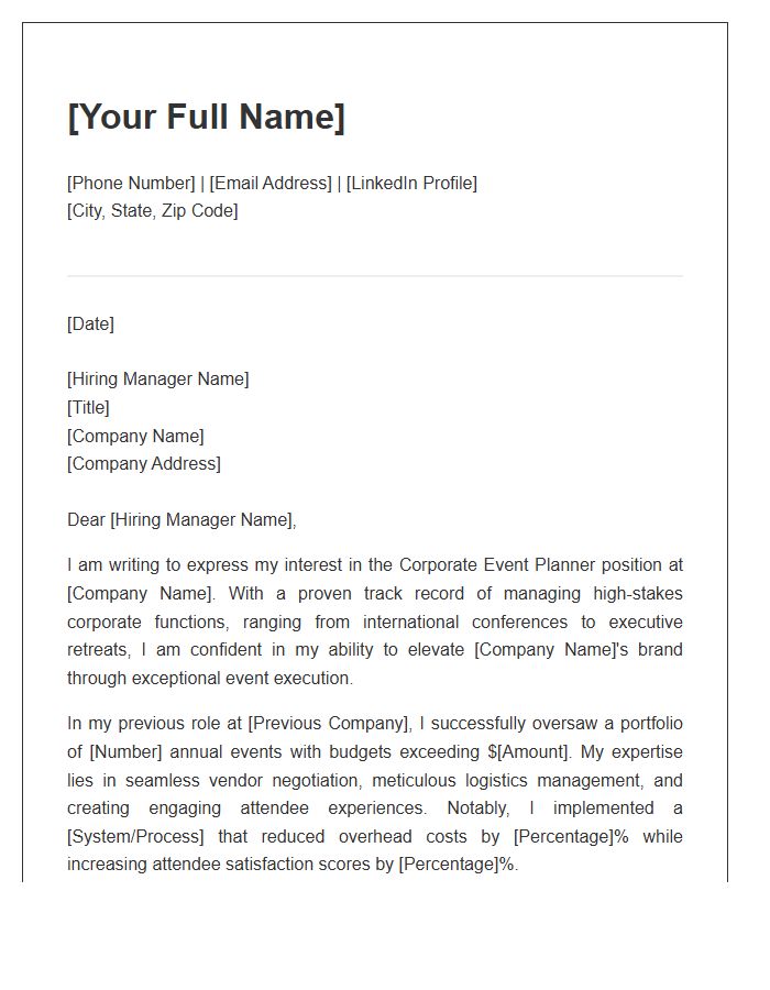 Corporate Event Planner Professional Cover Letter Template