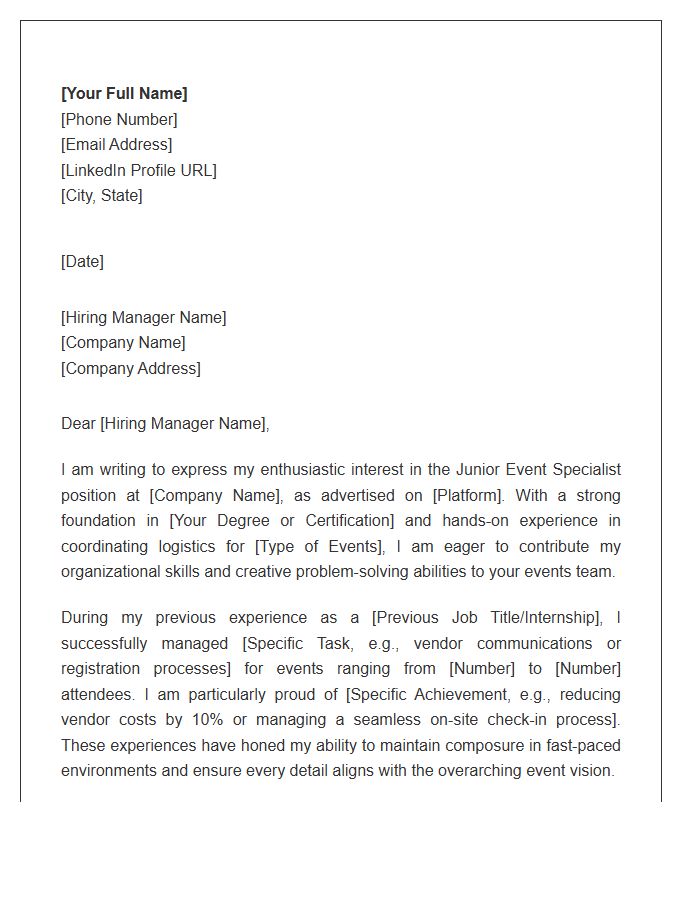 Junior Event Specialist Professional Cover Letter Template