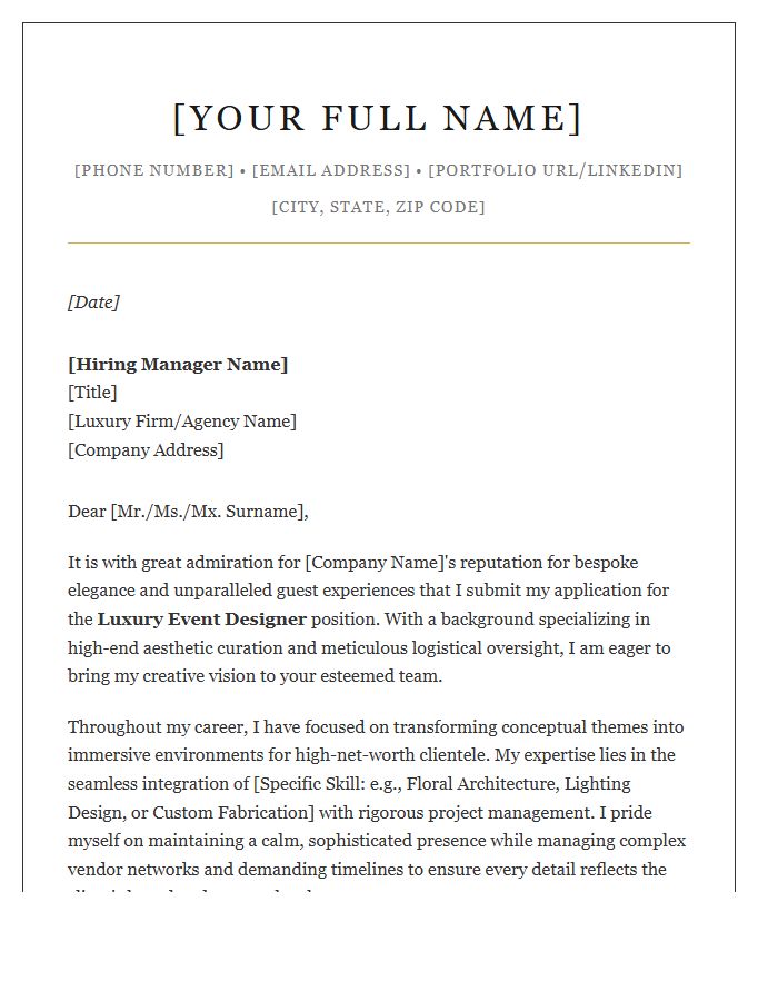 Luxury Event Designer Professional Cover Letter Template