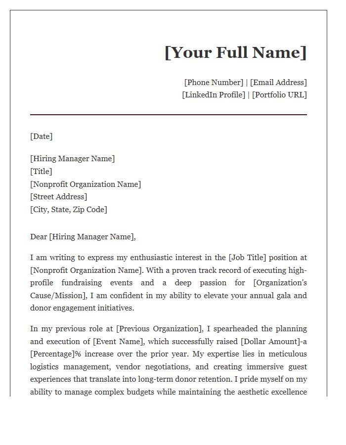Nonprofit Gala Planner Professional Cover Letter Template