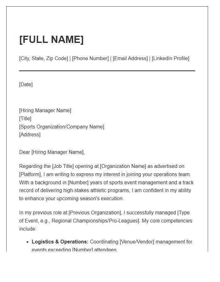 Sports Event Management Professional Cover Letter Template