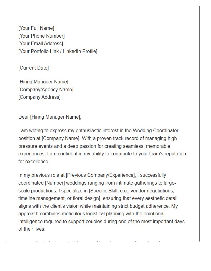 Wedding Coordinator Professional Cover Letter Template