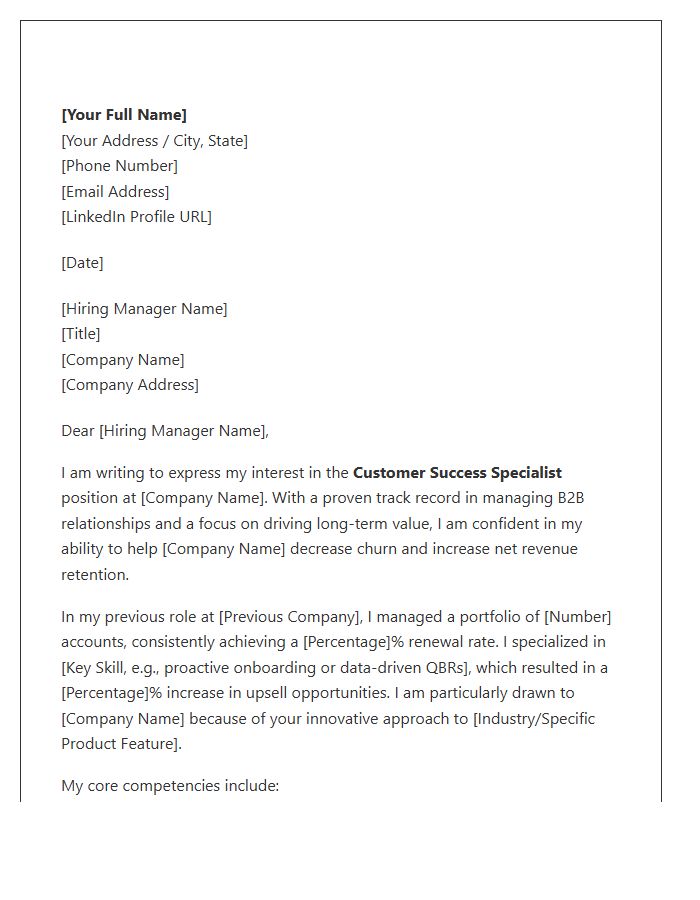 B2B Customer Success Specialist Cover Letter Template