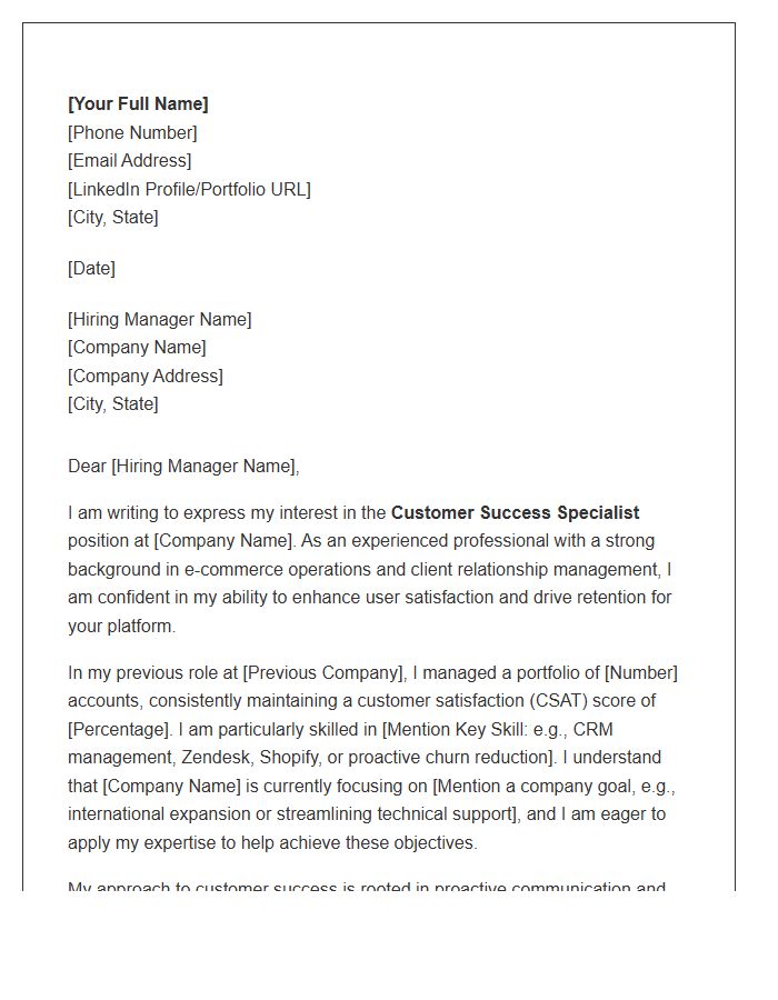 E-commerce Customer Success Specialist Cover Letter Template