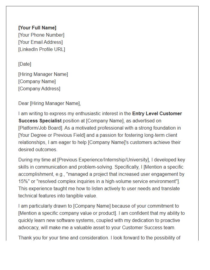 Entry Level Customer Success Specialist Cover Letter Template