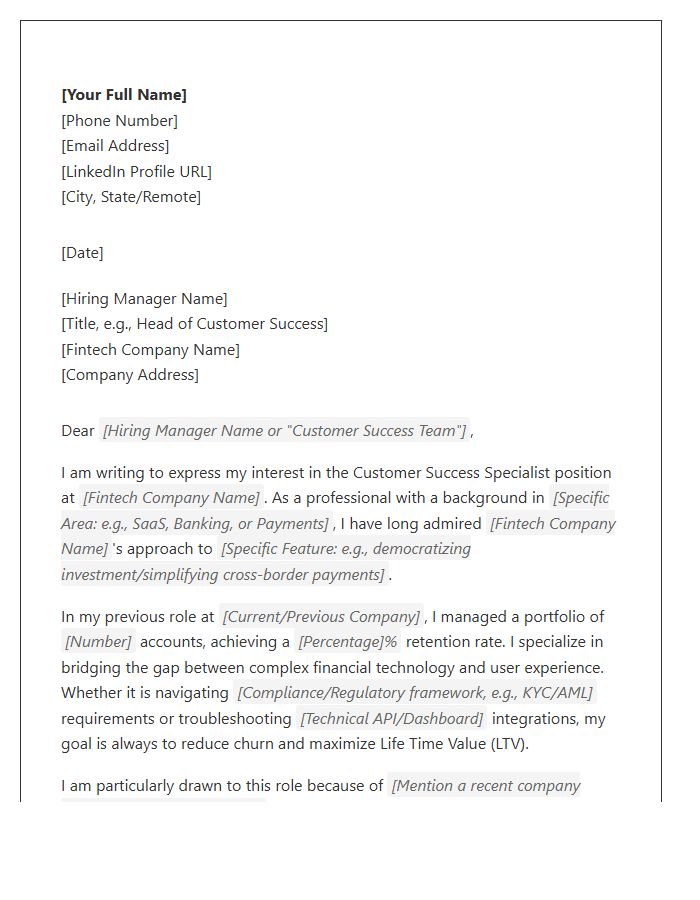 Fintech Customer Success Specialist Cover Letter Template