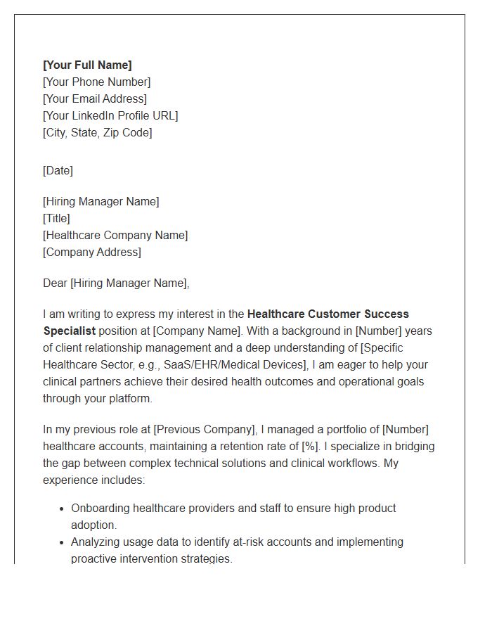 Healthcare Customer Success Specialist Cover Letter Template