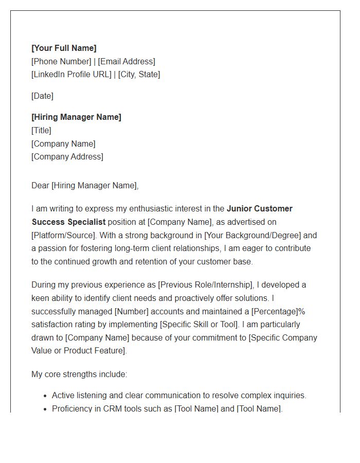Junior Customer Success Specialist Cover Letter Template