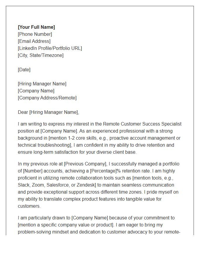 Remote Customer Success Specialist Cover Letter Template