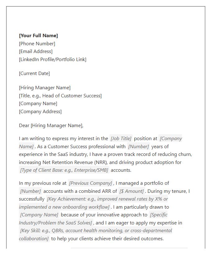 SaaS Customer Success Specialist Cover Letter Template