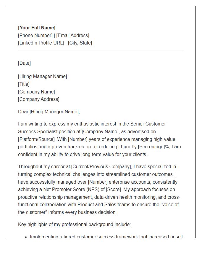 Senior Customer Success Specialist Cover Letter Template