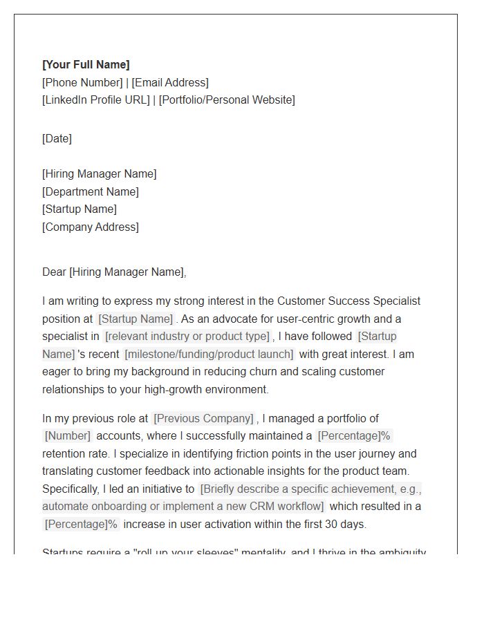 Startup Customer Success Specialist Cover Letter Template