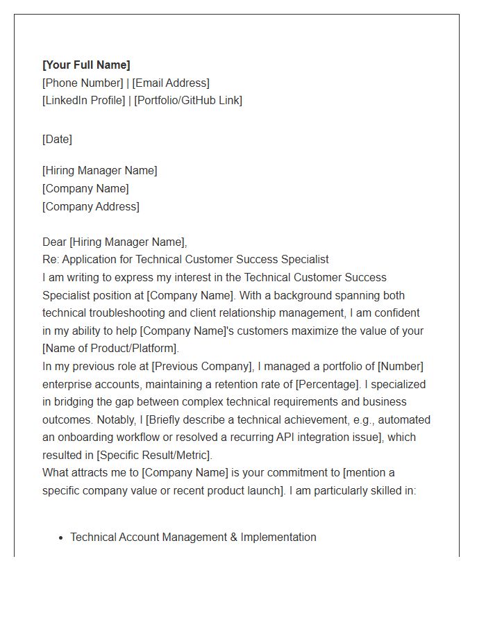 Technical Customer Success Specialist Cover Letter Template