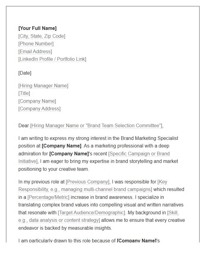 Brand Marketing Specialist Cover Letter Template