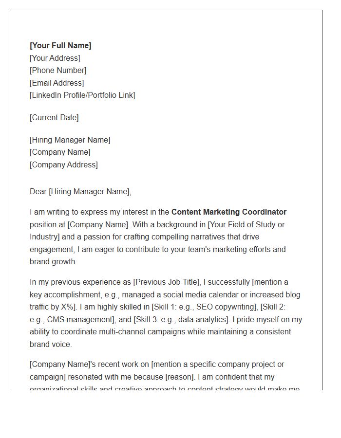 Content Marketing Coordinator Cover Letter Template