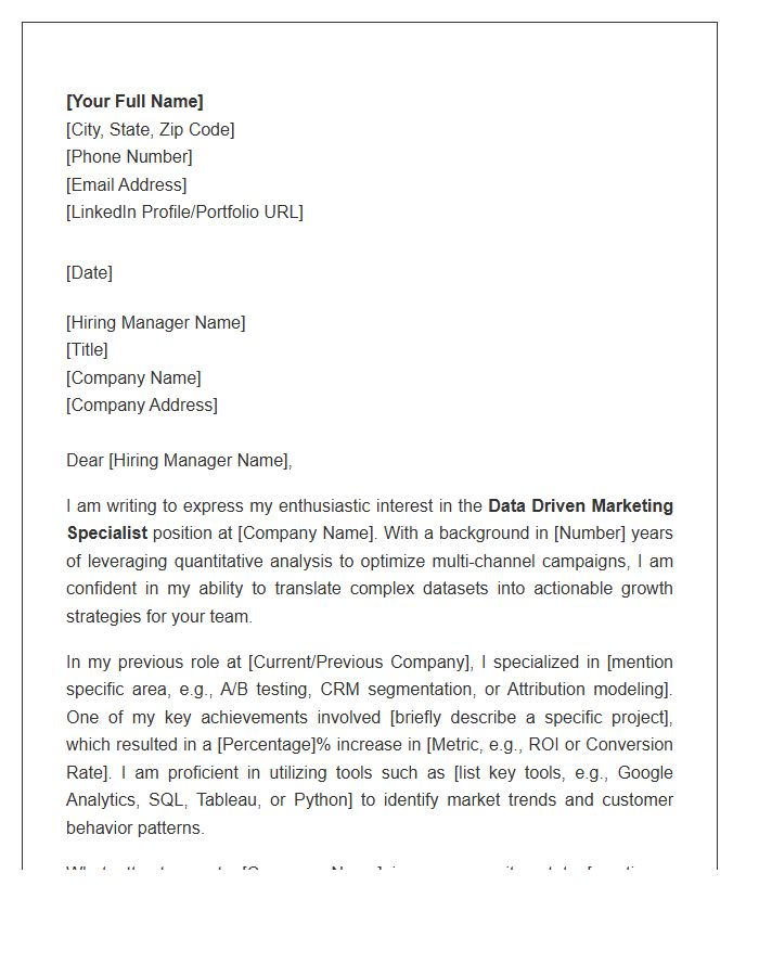 Data Driven Marketing Specialist Cover Letter Template