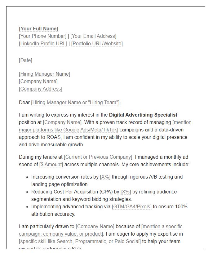 Digital Advertising Specialist Cover Letter Template