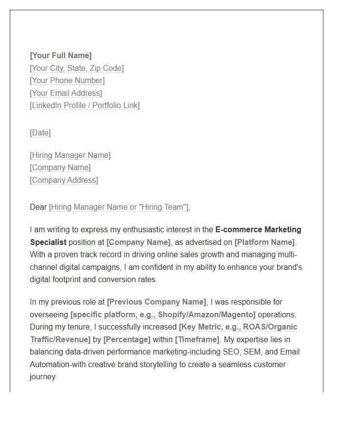 E-commerce Marketing Specialist Cover Letter Template