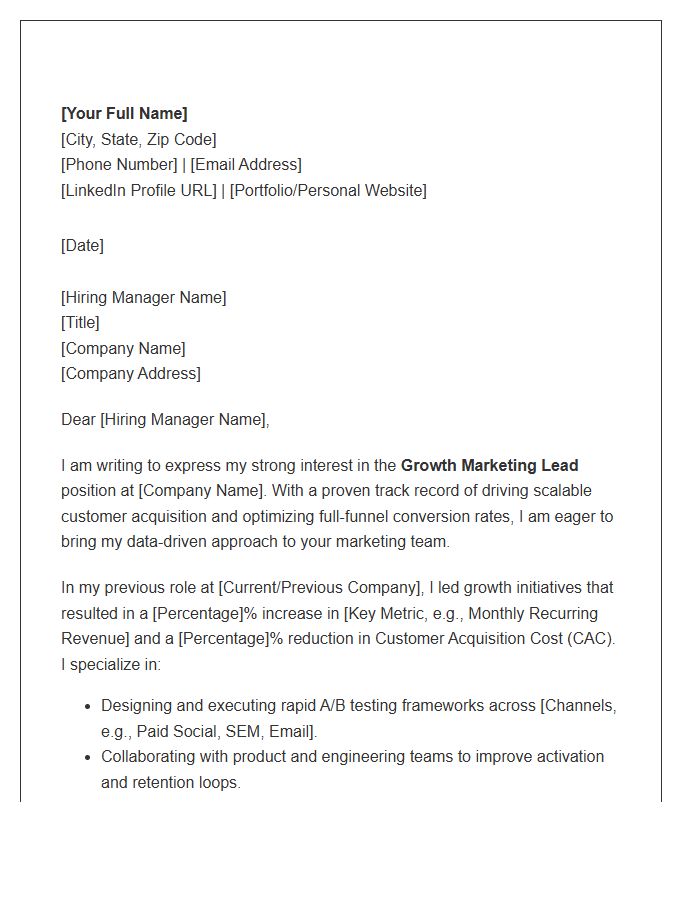 Growth Marketing Lead Cover Letter Template