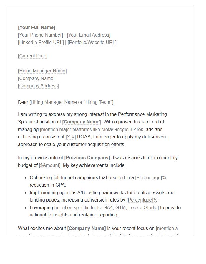 Performance Marketing Specialist Cover Letter Template