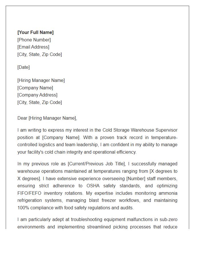 Cold Storage Warehouse Supervisor Cover Letter Template