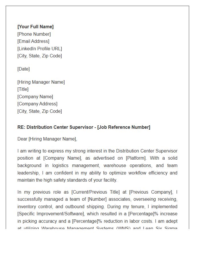 Distribution Center Supervisor Cover Letter Template