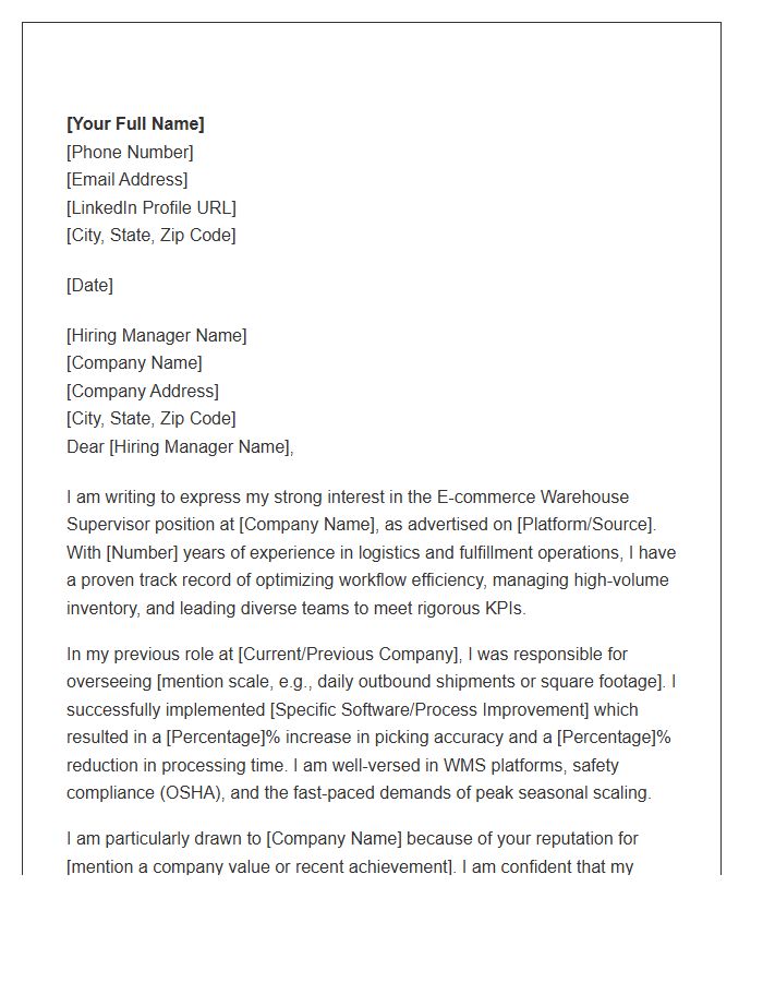 E-commerce Warehouse Supervisor Cover Letter Template