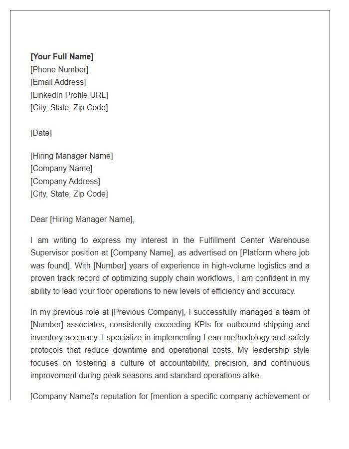 Fulfillment Center Warehouse Supervisor Cover Letter Template