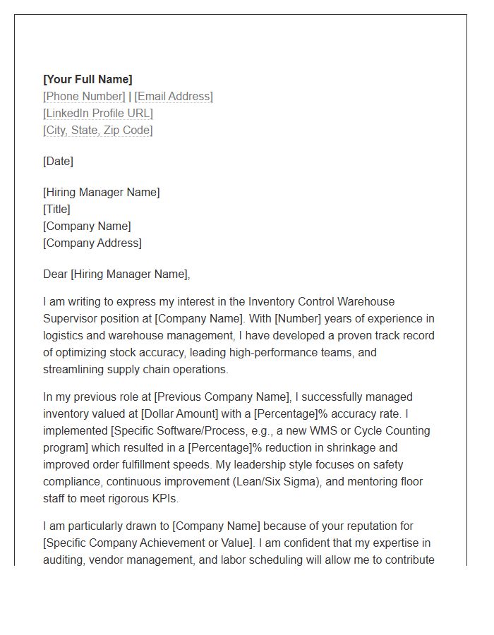 Inventory Control Warehouse Supervisor Cover Letter Template