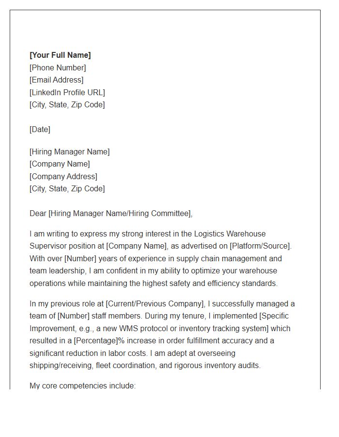 Logistics Warehouse Supervisor Cover Letter Template