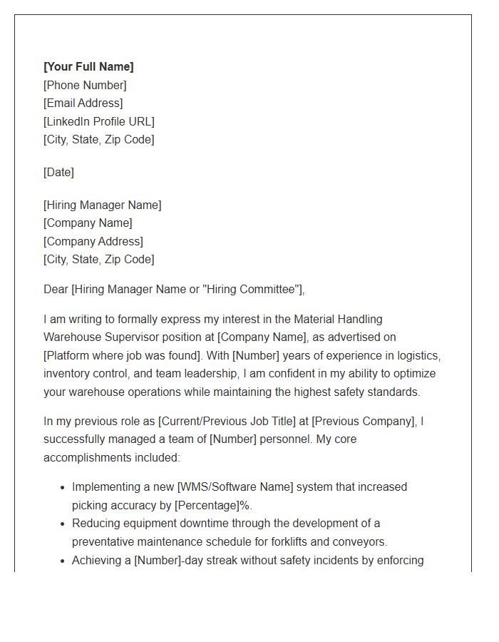 Material Handling Warehouse Supervisor Cover Letter Template