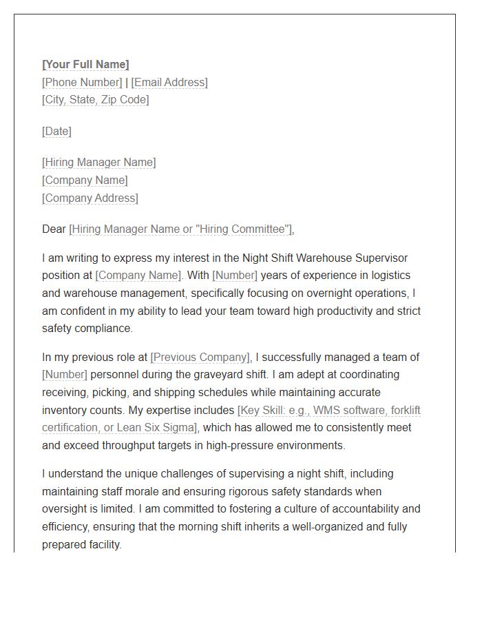 Night Shift Warehouse Supervisor Cover Letter Template