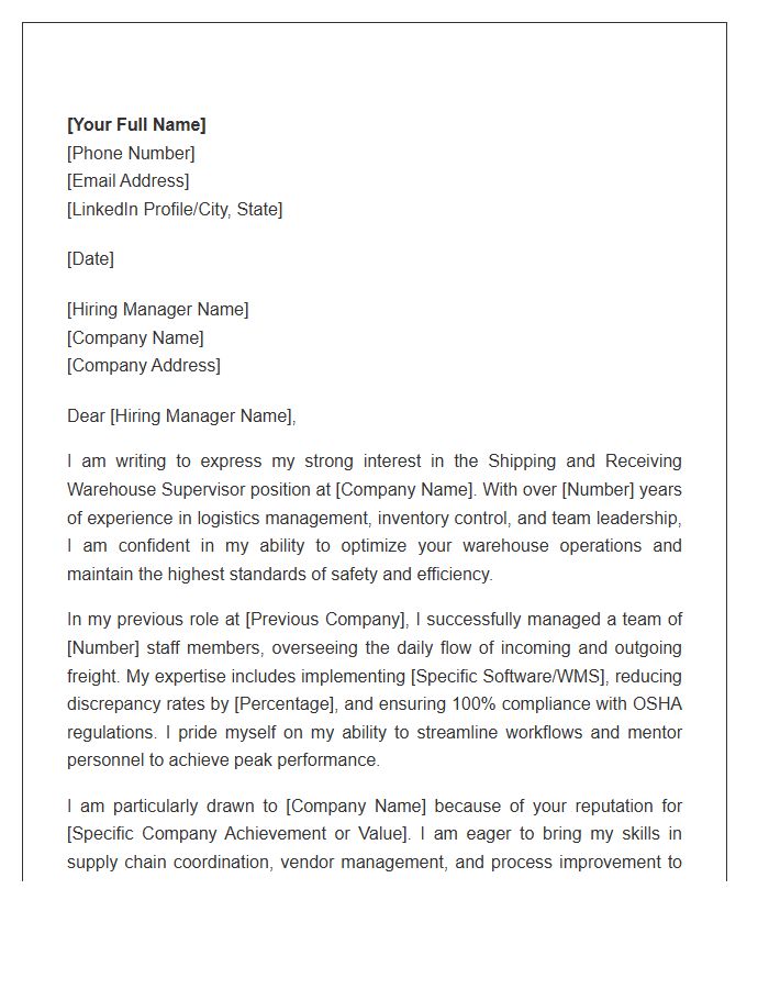 Shipping And Receiving Warehouse Supervisor Cover Letter Template