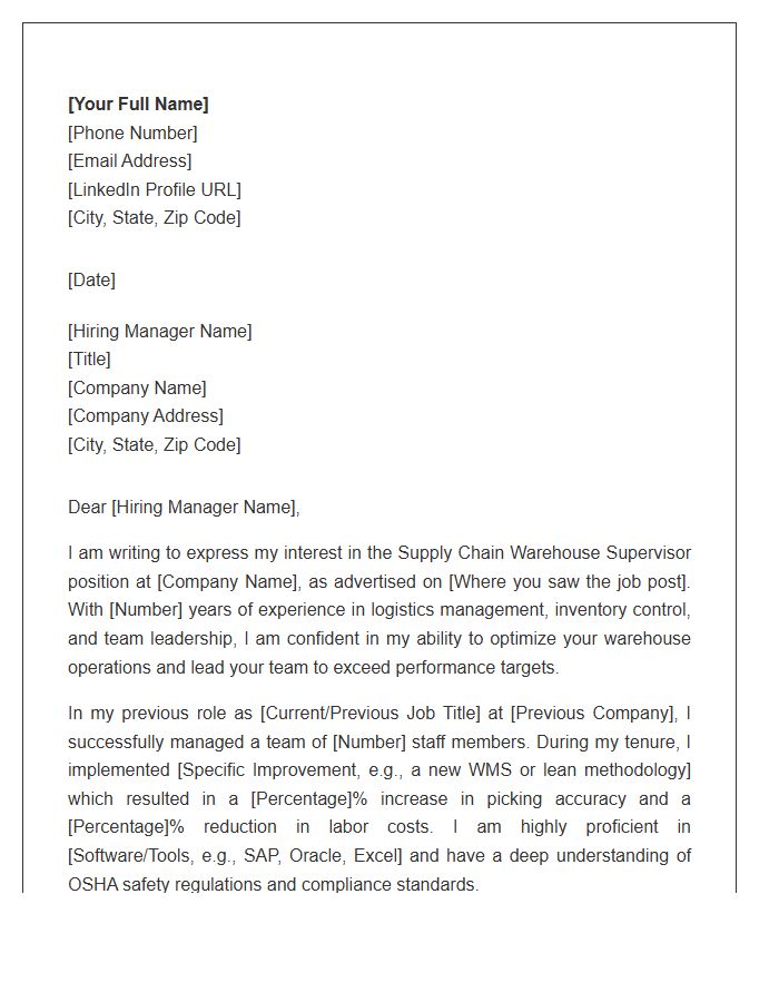 Supply Chain Warehouse Supervisor Cover Letter Template