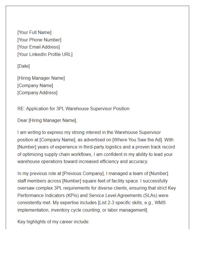 Third Party Logistics Warehouse Supervisor Cover Letter Template