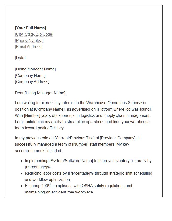 Warehouse Operations Supervisor Cover Letter Template