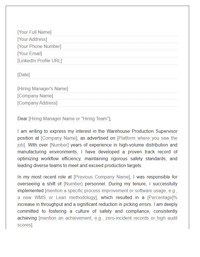 Warehouse Production Supervisor Cover Letter Template