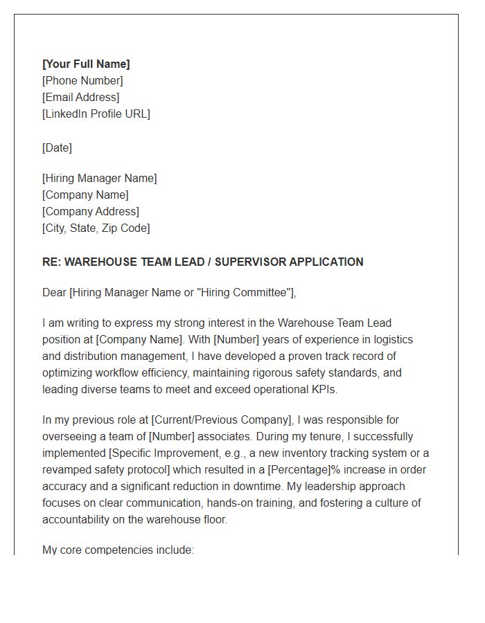 Warehouse Team Lead Supervisor Cover Letter Template