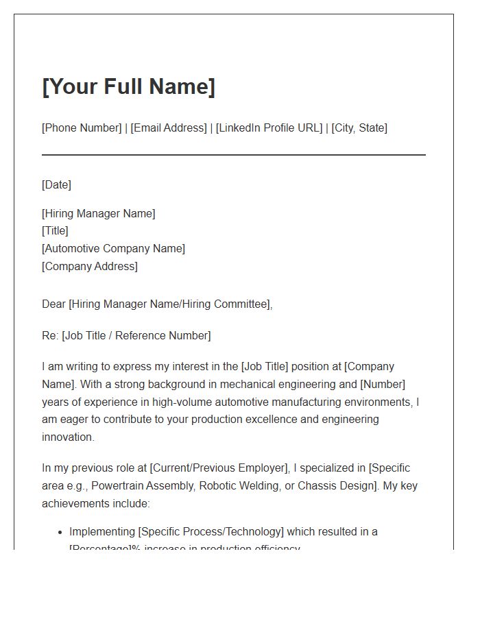 Automotive Manufacturing Mechanical Engineer Cover Letter Template
