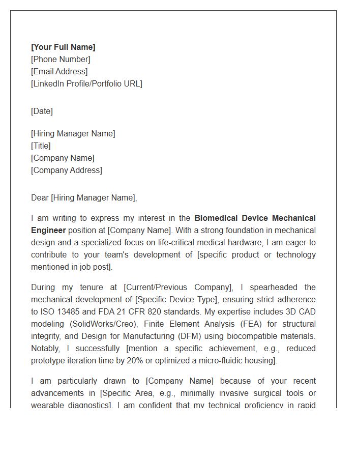 Biomedical Device Mechanical Engineer Cover Letter Template